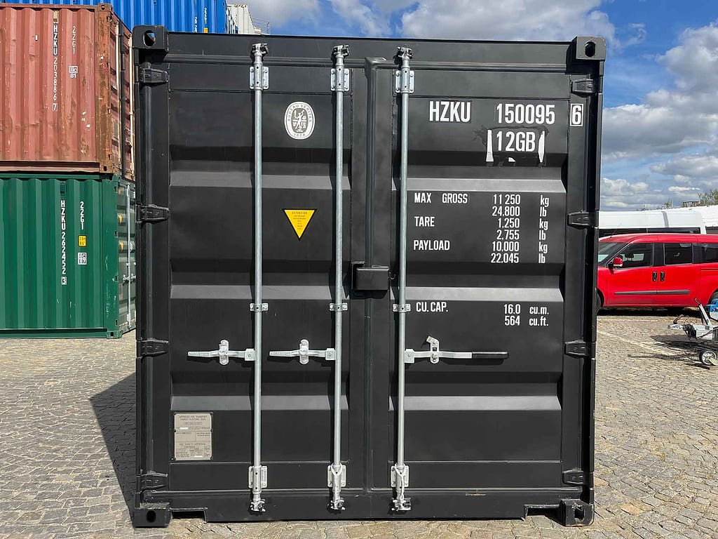 10-Fuß Seecontainer in RAL 9005 Tiefschwarz – Frontansicht der Doppelflügeltür