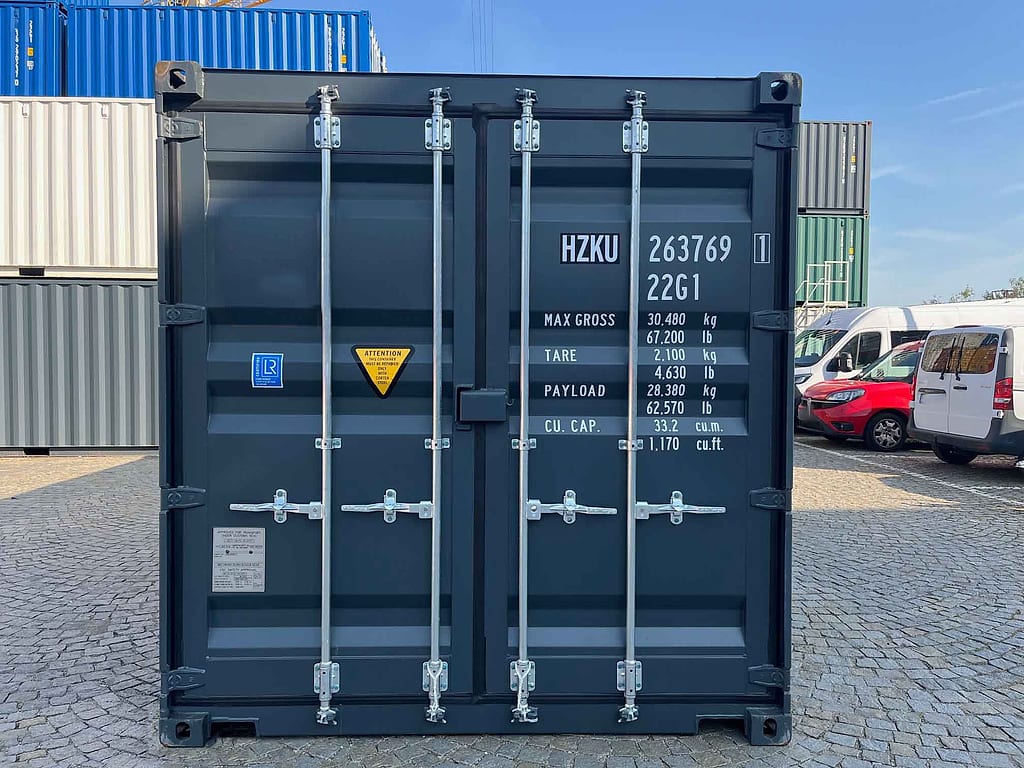 20-Fuß Seecontainer in RAL 7016 Anthrazitgrau – Frontansicht der Doppelflügeltür