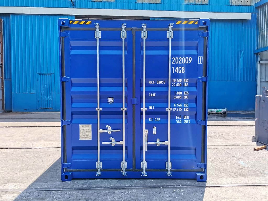 10-Fuß High-Cube Seecontainer in RAL 5010 Enzianblau – Frontansicht der Doppelflügeltür