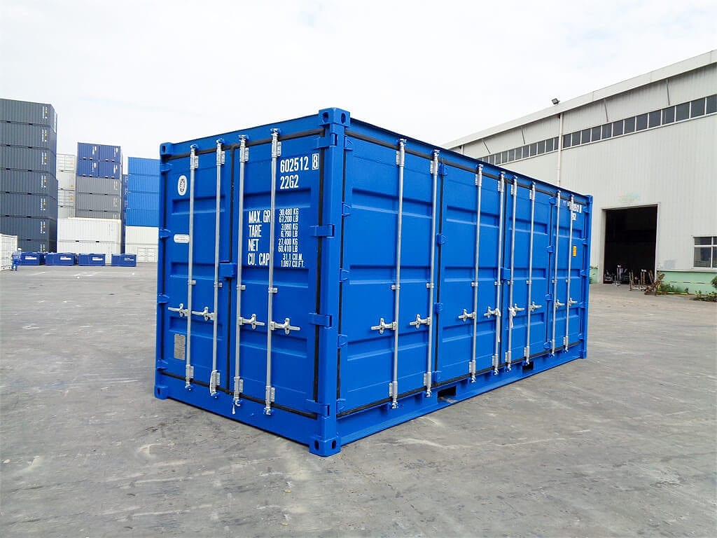 20-Fuß Container mit offener Seite in RAL 5010 Enzianblau – Seitenansicht mit geschlossenen Seitentüren