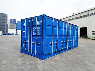 20-Fuß Container mit offener Seite in RAL 5010 Enzianblau – Seitenansicht mit geschlossenen Seitentüren