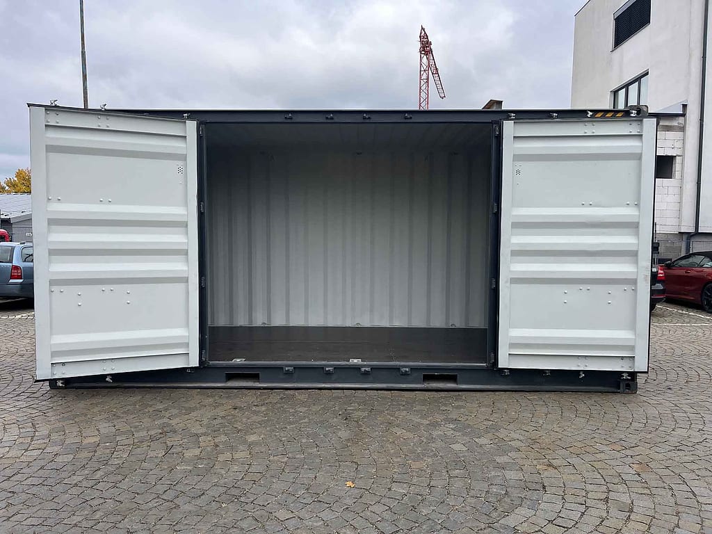 20-Fuß High-Cube Container mit offener Seite in RAL 7016 Anthrazitgrau – Seitentüren geöffnet