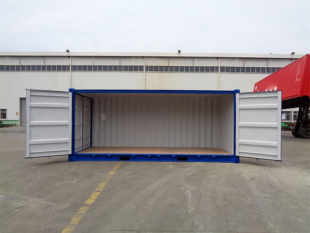 20-Fuß High-Cube Container mit offener Seite in RAL 5010 Enzianblau – Seitentüren geöffnet