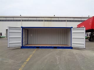 20-Fuß High-Cube Container mit offener Seite in RAL 5010 Enzianblau – Seitentüren geöffnet