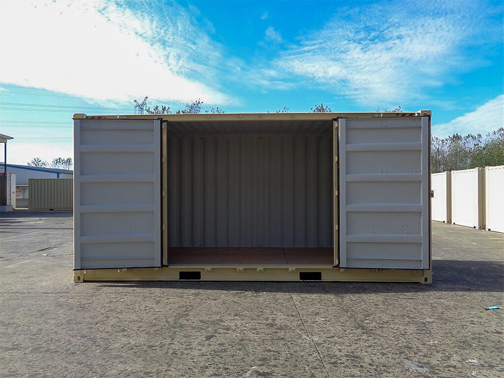 20-Fuß High-Cube Container mit offener Seite in RAL 1014 Elfenbein – Seitentüren geöffnet