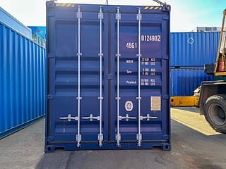 40-Fuß High-Cube Seecontainer in RAL 5013 Kobaltblau – Frontansicht der Doppelflügeltür
