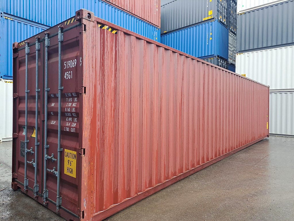 40-Fuß High-Cube Seecontainer in RAL 8004 Kupferbraun – Dreiviertelansicht