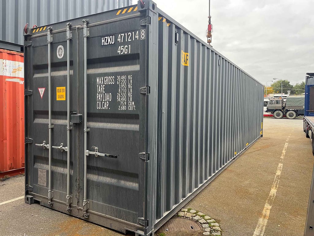 40-Fuß High-Cube Doppeltür-Seecontainer in RAL 7016 Anthrazitgrau – Dreiviertelansicht