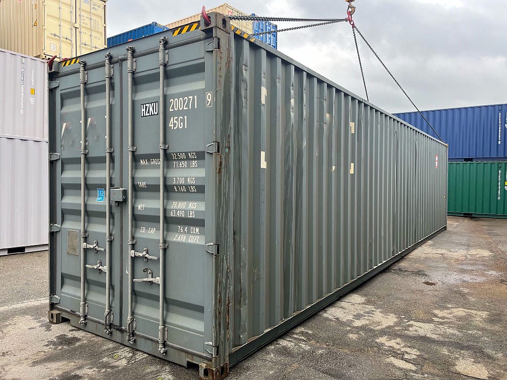 Gebrauchter 40-Fuß High-Cube Container in RAL 7012 Basaltgrau – Dreiviertelansicht