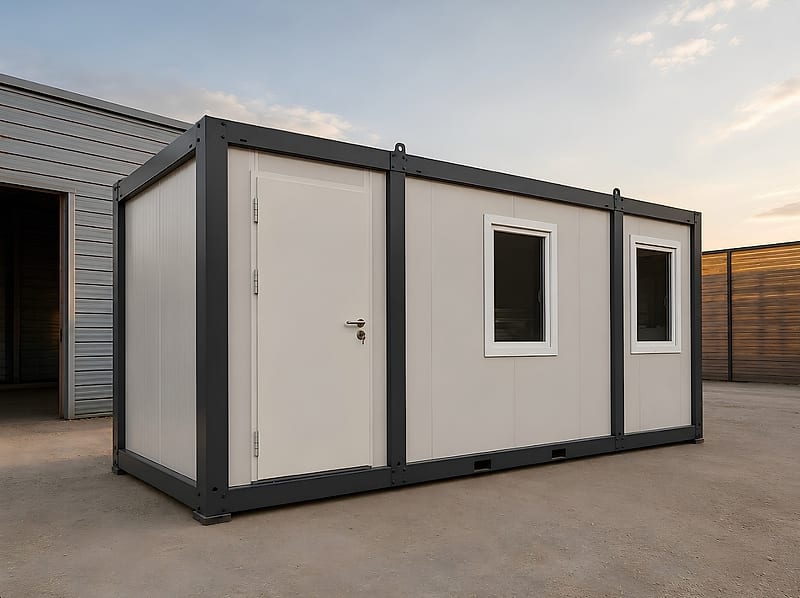 20ft Bürocontainer Anthrazitgrau 240 × 600 cm – Außenansicht mit Eingangstür und zwei Fenstern