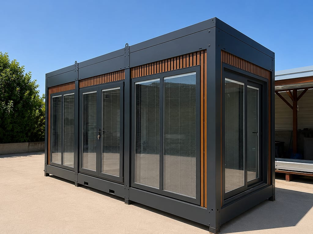20-Fuß Bürocontainer, einbezugsfertig. Glasverkleidung – Außenansicht mit Glastüren und Holzoptik-Lamellen