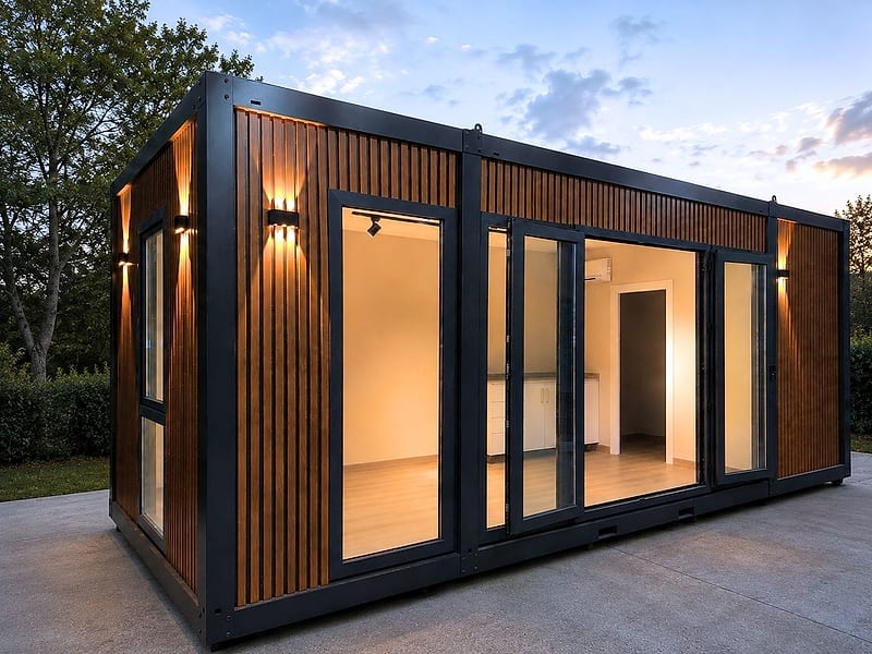 Wohncontainer Modell PRESTIA 300 × 700 cm – Außenansicht in der Dämmerung mit Außenbeleuchtung