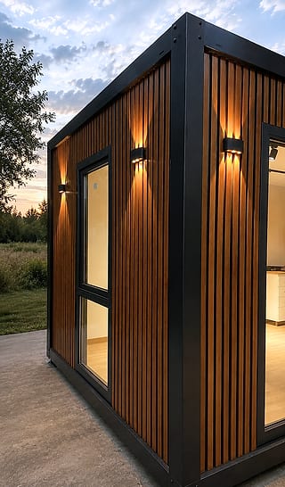 Wohncontainer Modell PRESTIA 300 × 700 cm – Eckdetail mit Holzoptik-Verkleidung