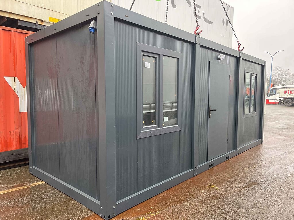 20-Fuß Bürocontainer Anthrazitgrau – Außenansicht, Dreiviertelperspektive