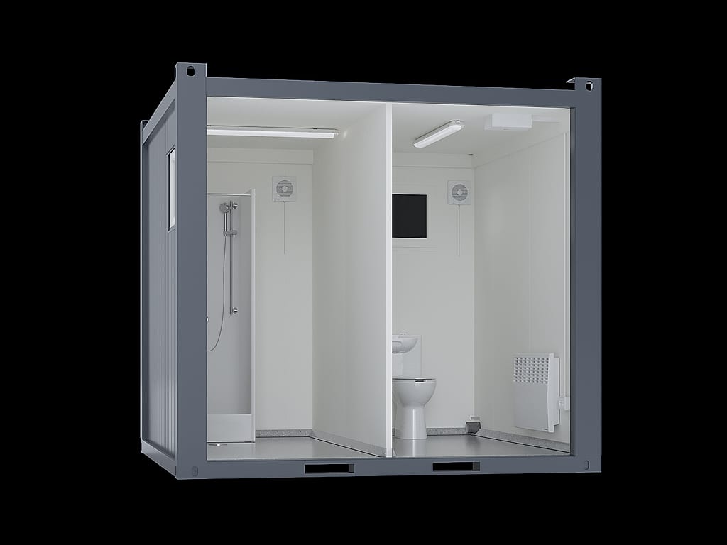 10′ Sanitärcontainer mit WC und Dusche – Schnittdarstellung mit Dusch- und WC-Raum