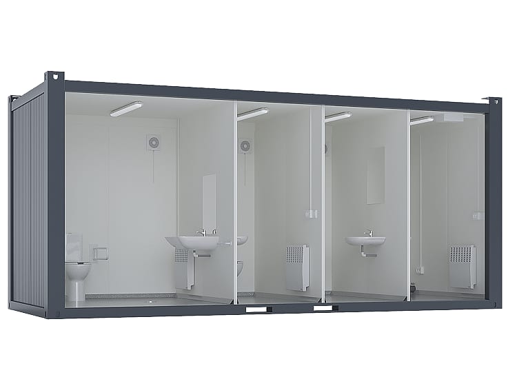 20′ Toilettencontainer mit barrierefreiem WC – Schnittdarstellung der WC-Räume