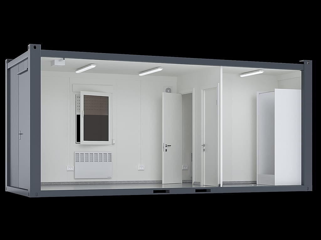 20′ Pausencontainer mit WC und Dusche – Schnittdarstellung mit Pausenraum, WC und Dusche