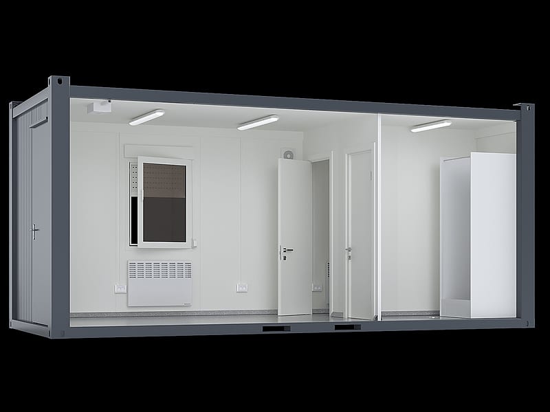 20′ Pausencontainer mit WC und Dusche – Schnittdarstellung mit Pausenraum, WC und Dusche