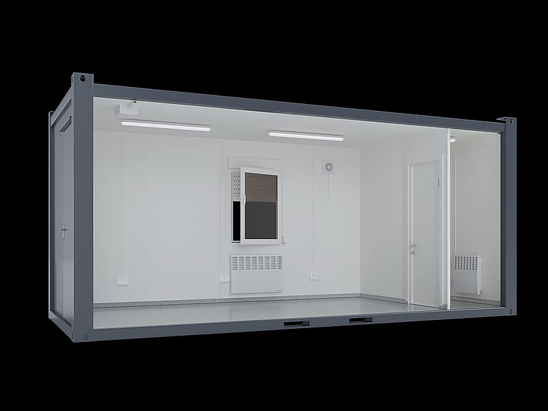 20′ Pausencontainer mit WC – Schnittdarstellung mit Pausenraum und WC
